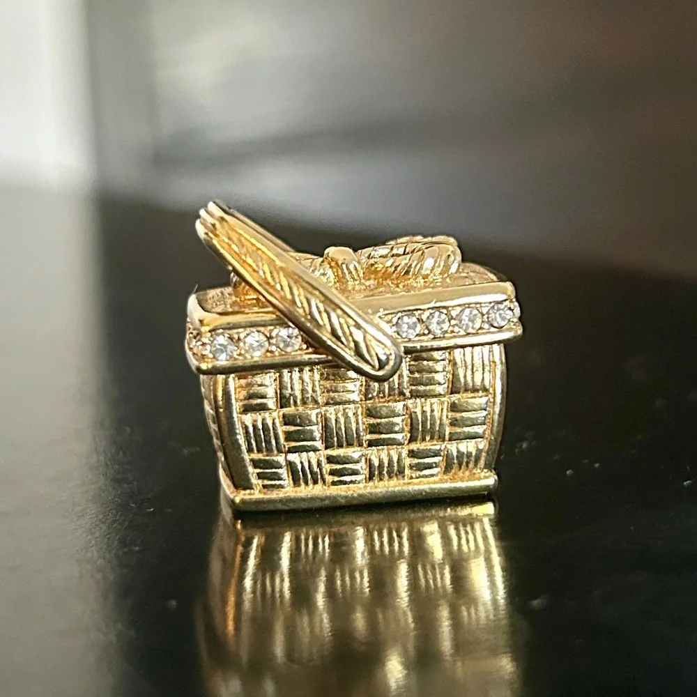 Vintage 1990s Swarovski Picnic Basket Pendant Necklace Gold-Tone & Crystal